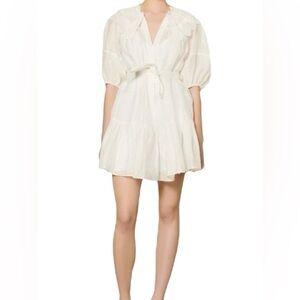 Sandro Paris Emiliana Linen Blend Lace Collar V-Neck Tie-Waist Mini Dress, Size